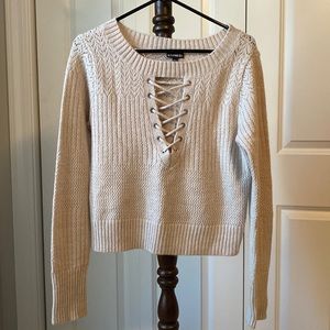 Express Tan Lace Up Crop Long Sleeve Sweater Large